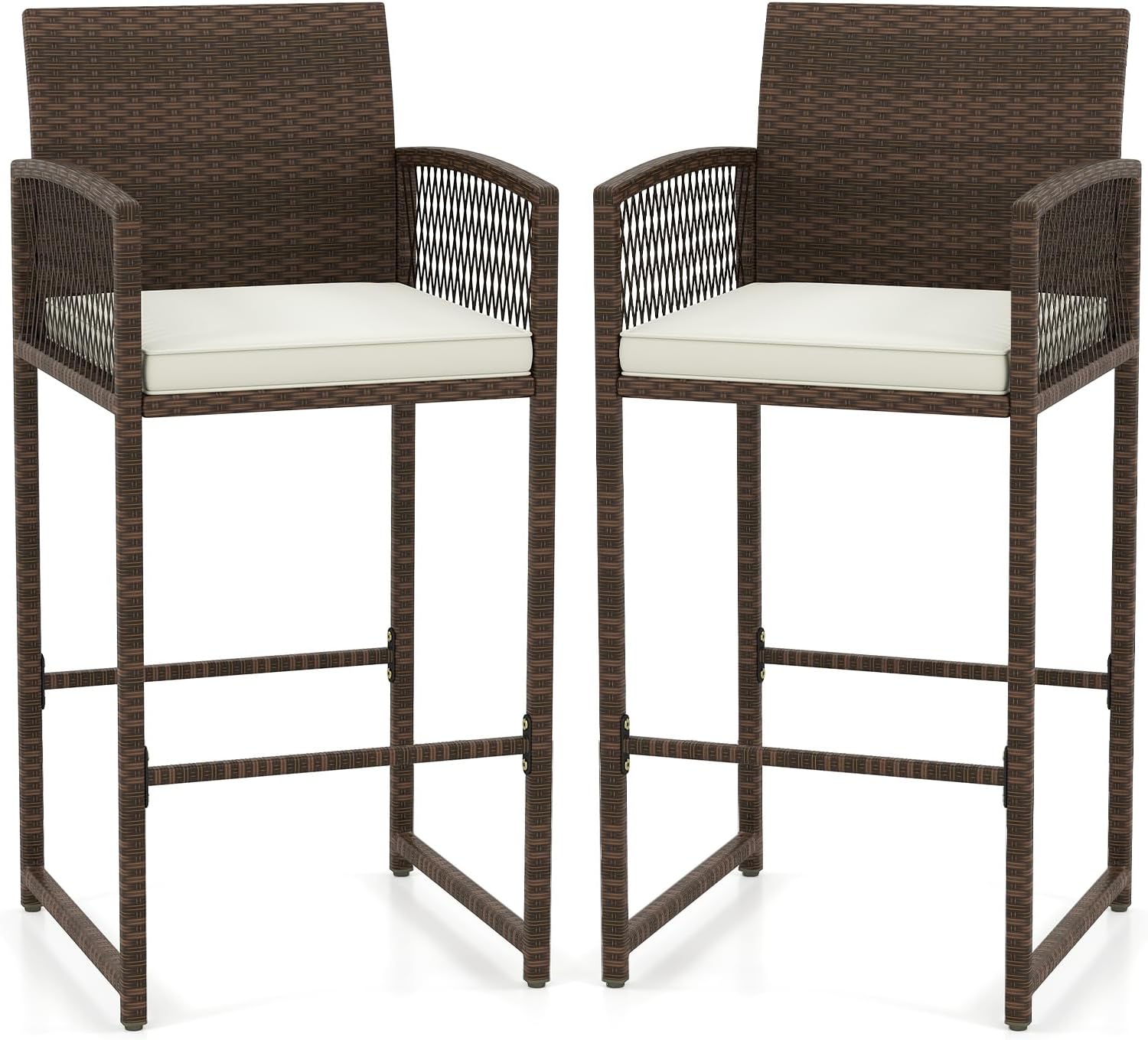 Tangkula PE Rattan Patio Bar Stools Set of 2 - Outdoor Bar Height Chairs with Cushions, Backrest, Armrests & Footrests, 400 lbs Capacity