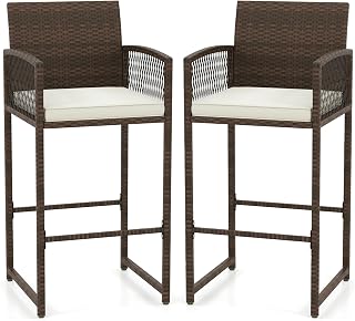 Tangkula PE Rattan Patio Bar Stools Set of 2 - Outdoor Bar Height Chairs with Cushions, Backrest, Armrests & Footrests, 400 lbs Capacity