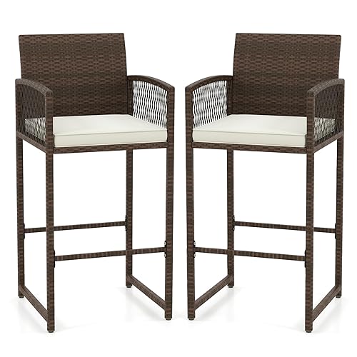 Patio Bar Stools Set of 2, PE Rattan Bar Height