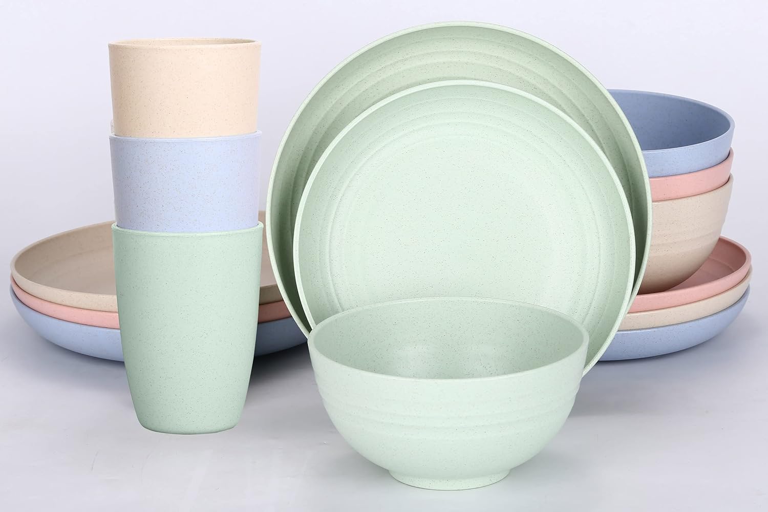 LuckyZone Wheat Straw Dinnerware Sets for 4 (Reusable Plates, Bowls & Cups) - Lightweight Unbreakable Dinner Camping Dishes - Dishwasher & Microwave Safe, Eco Friendly(12Pcs/4Color)