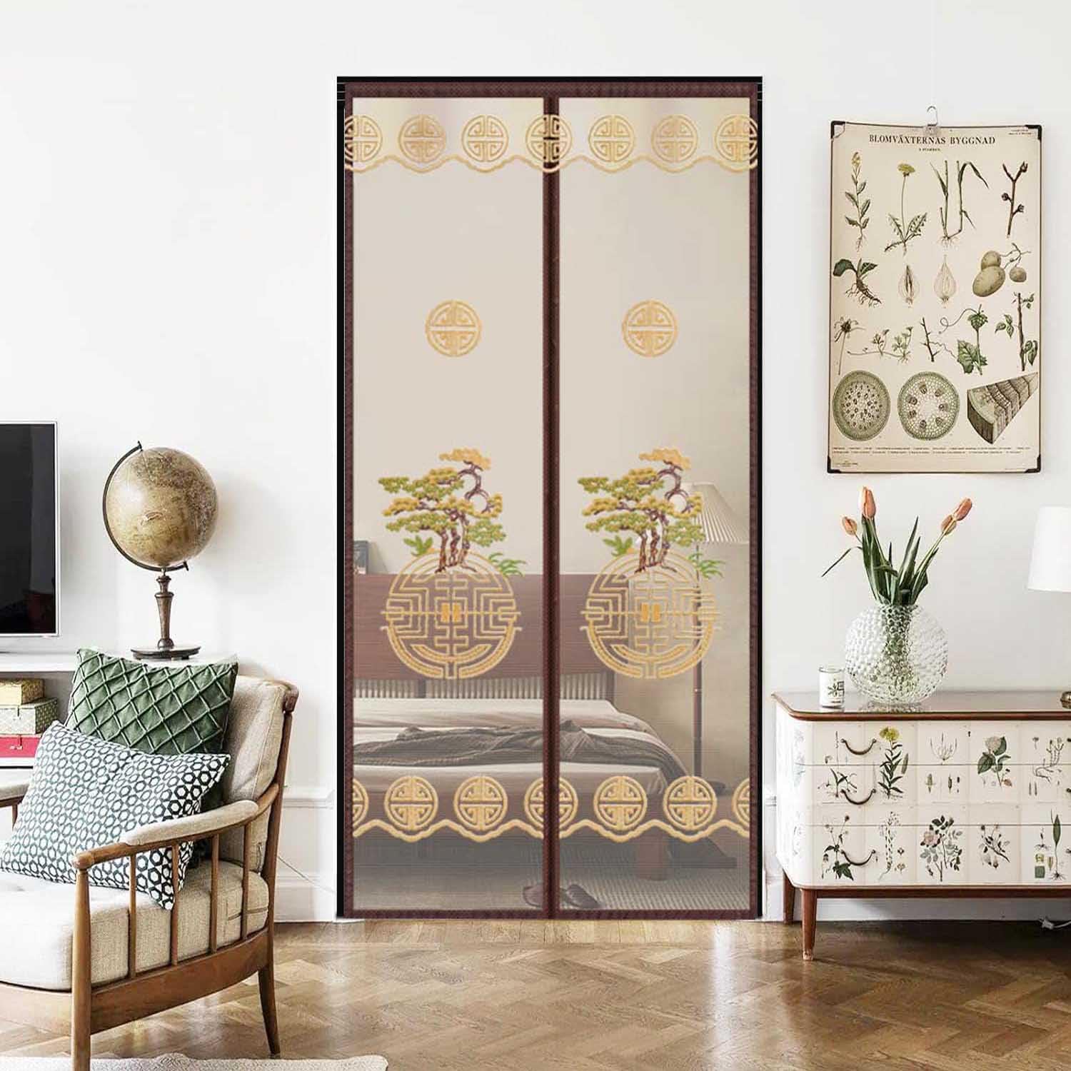 Moustiquaire magnétique 80x205cm marron broderie style chinois pour porte