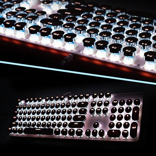 Miniatura 6 de Teclado mecánico para juegos estilo máquina de escribir con retroiluminación LED con interruptor azul retro redondo teclado de 104 teclas (teclado