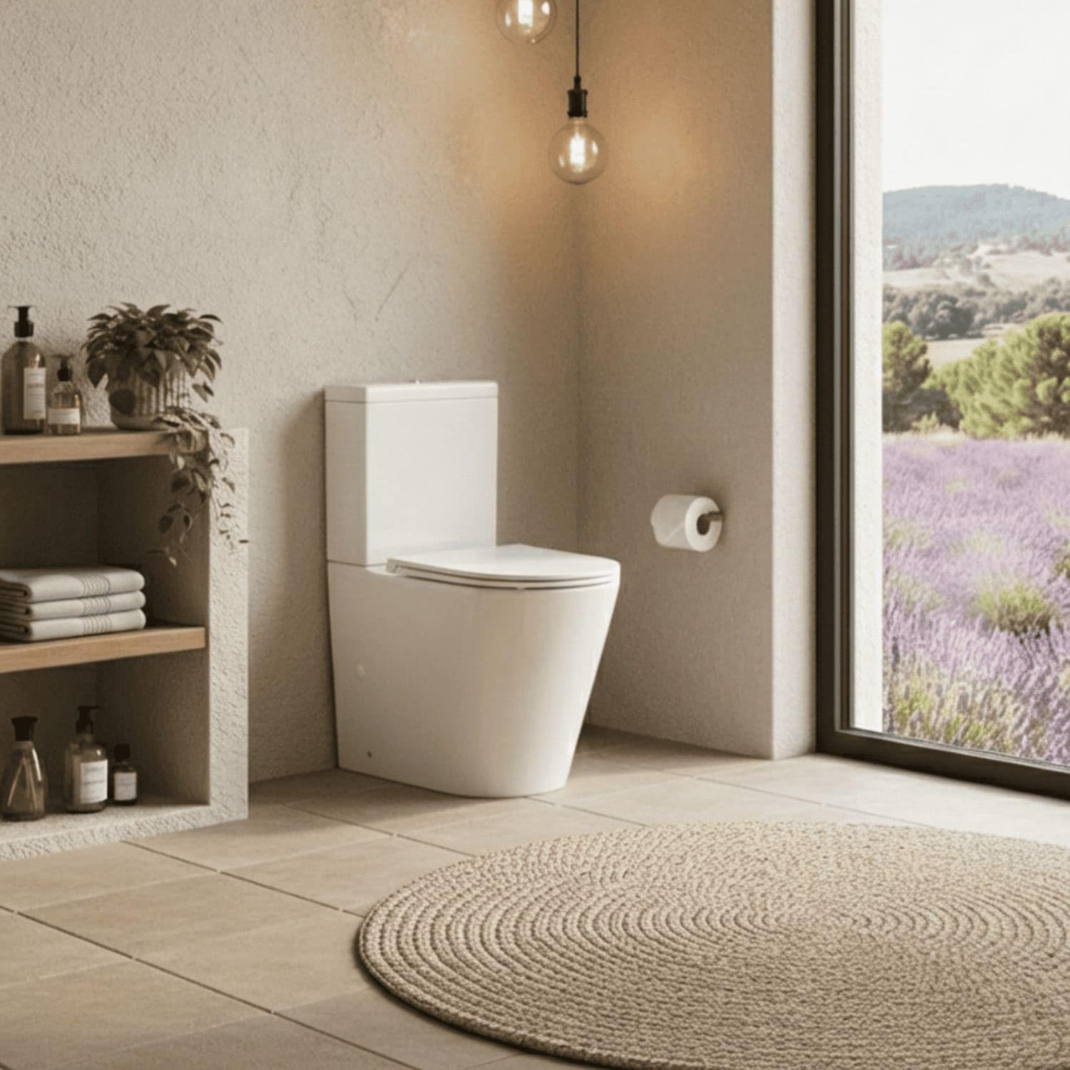 SOULHOME - Pack Inodoro Completo Rimless WC (BLANCO BRILLO) Tapa Amortiguada Slim - Salida Dual con doble descarga eco, Pulsador color Dorado
