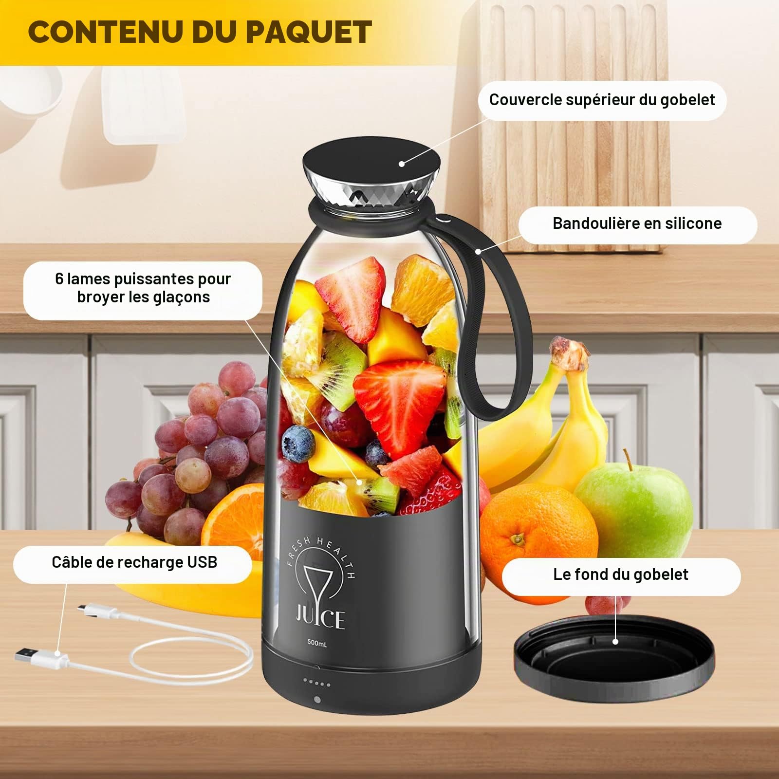Smoothie Maker To Go Mixer, 500 ml, mixeur rechargeable portable, mixeur personnel multifonction avec 6 lames en acier inoxydable, bouteille de jus frais pour shakes, jus, smoothie, voyage
