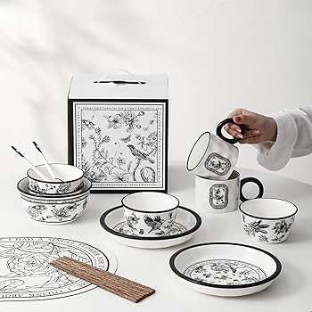 黒と白の花柄陶器食器セット 黒と白の花柄陶器食器セット 黒と白の花柄陶器