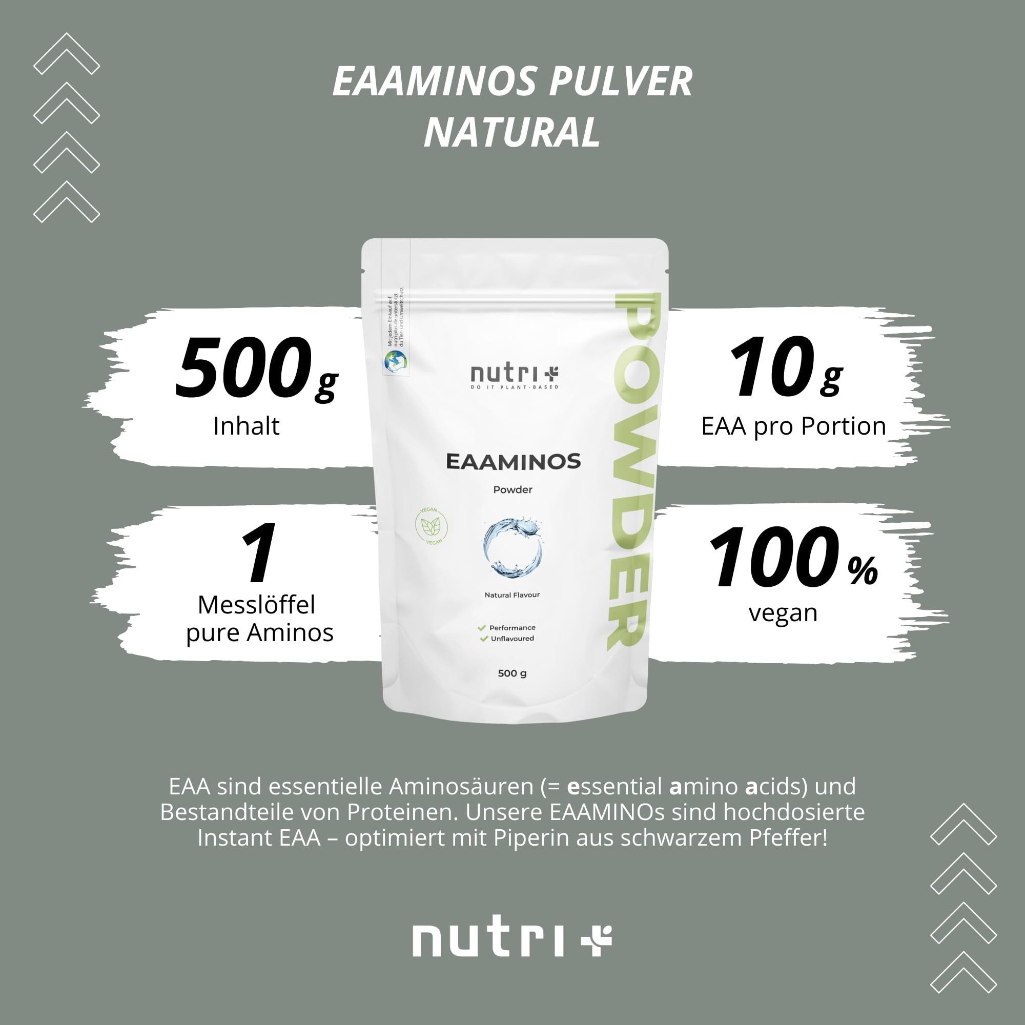 Nutri + EAA Pulver Neutral 500 g hochdosiert + vegan - 9 essentielle Aminosäuren - Instant Natural ohne Süßstoff, Zusatzstoff & künstlichen Geschmack
