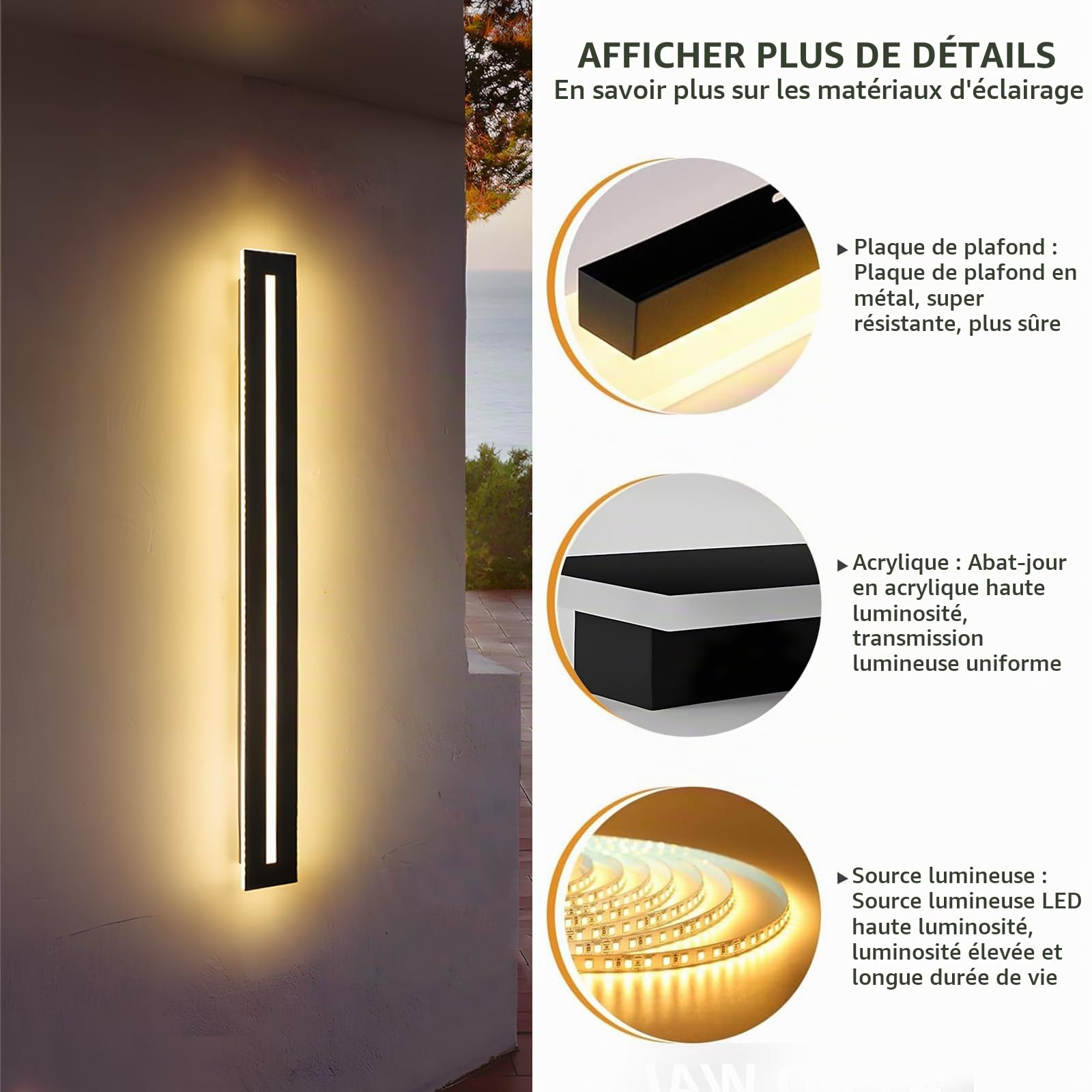 Applique Murale Intérieure,15W Lampe Murale Dimmable Noir 60CM