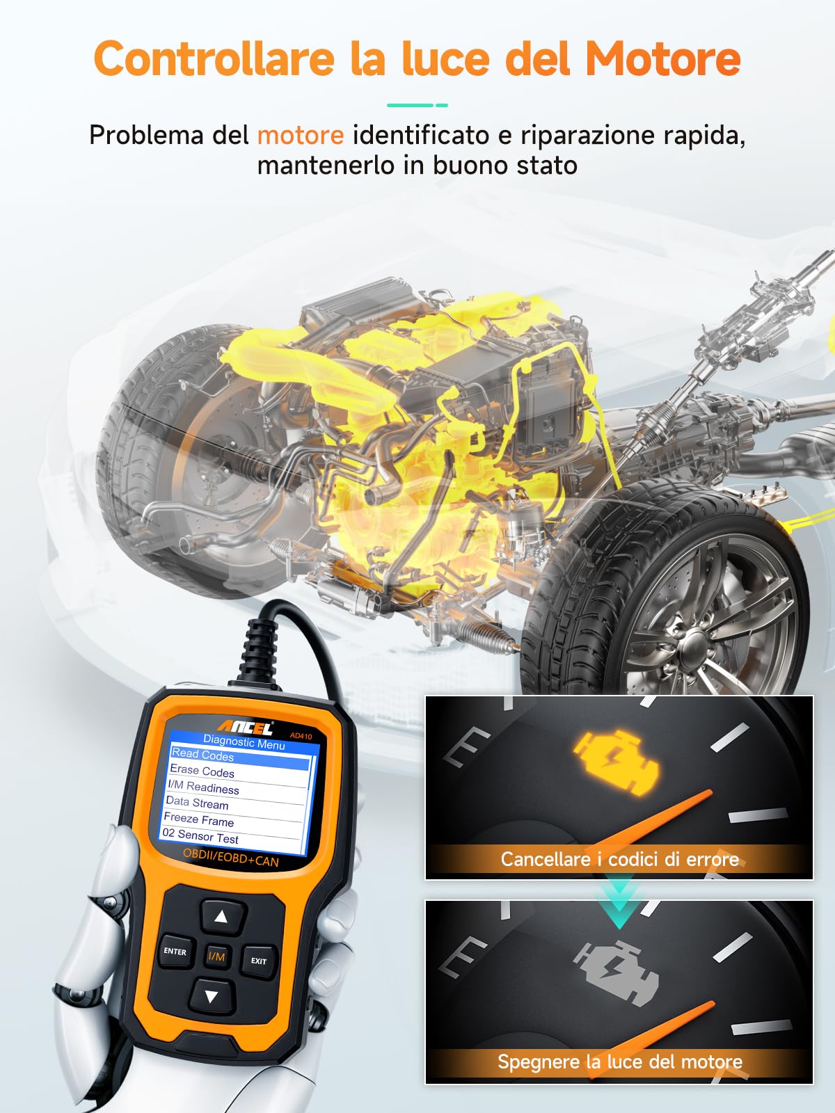 ANCEL AD410 OBD2 Auto Diagnostica, Lettore OBD2 Diagnosi Auto, Diagnosi Auto Professionale in Italiano,Spia Motore Controllo Lettore di Guasti,OBD2 Scanner per Tutta l'Auto OBDII Dopo il 2002