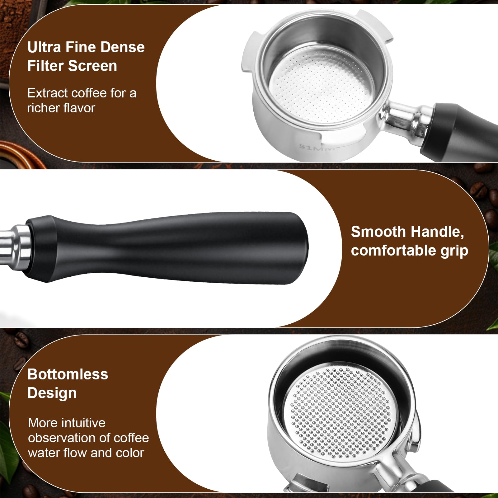 VINATO Portafiltro sin fondo 51 mm – Construcción completamente metálica | Compatible con DeLonghi EC680 / EC685 / EC885 / EC890