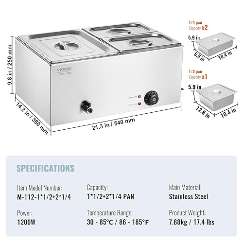 Miniatura 7 de VEVOR Calentador de alimentos comercial de 110 V, 3 bandejas de acero inoxidable Bain Marie de capacidad de 21 cuartos de galón, calentador de sopa