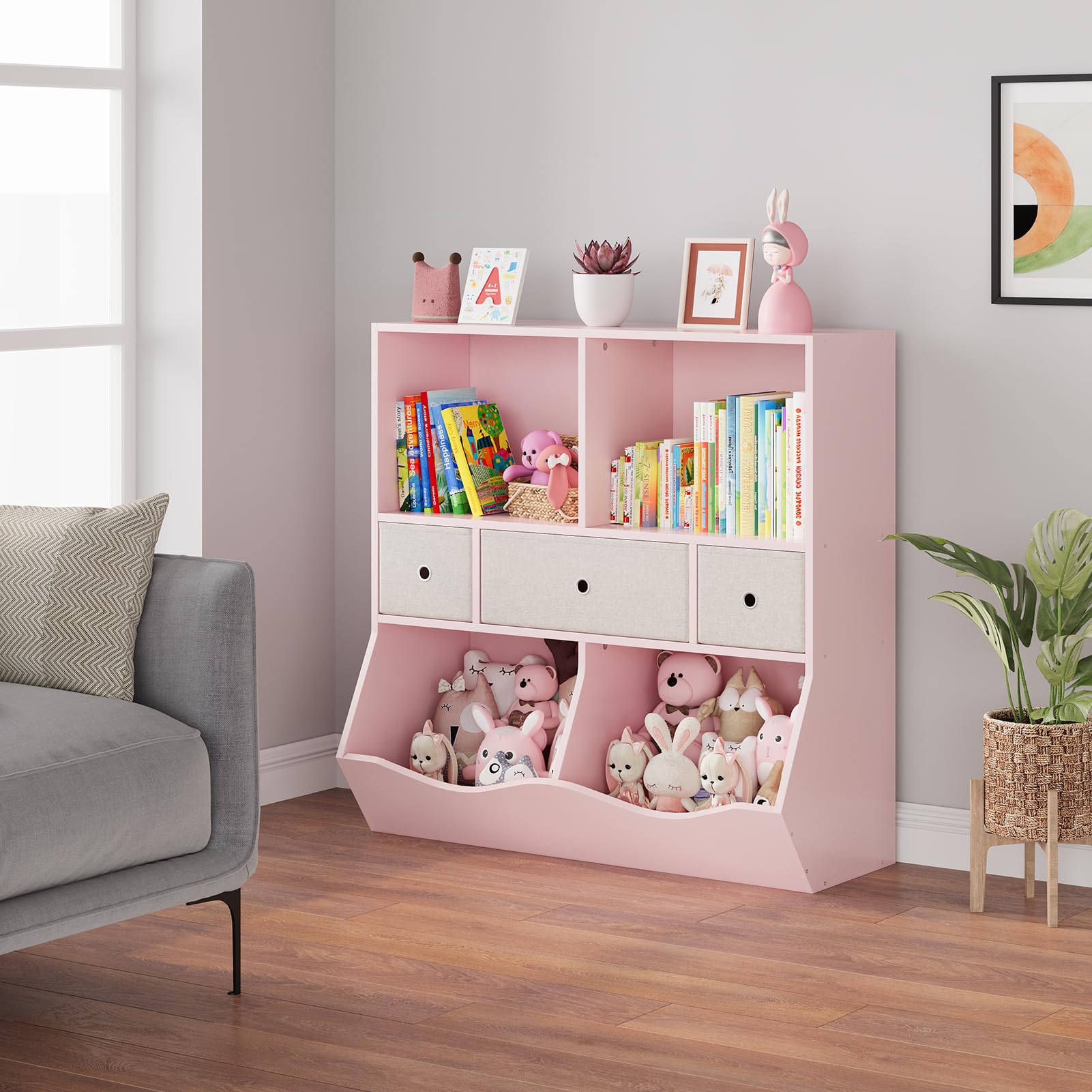 Garvee Vielseitiges Kinder Bücherregal & Spielzeugregal – Mehrere Ablagen, 7 Fächer, 2 Bücherfächer, 3 herausnehmbare Schubladen – Aufbewahrungsschrank für Kinderzimmer, Spielzimmer, Flur,