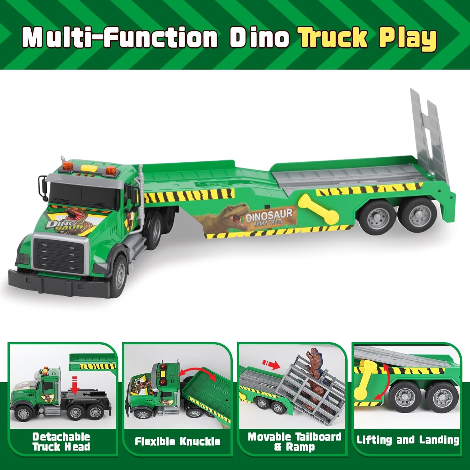 Kids Dinosaurs Semi Trailer Truck Toys, Large Semi Flatbed Truck Toy with Helicopter and Dinosaurs, Lights and Sounds, Toddler Boy Transport Vehicle Toys for Age 3 4 5 6+
