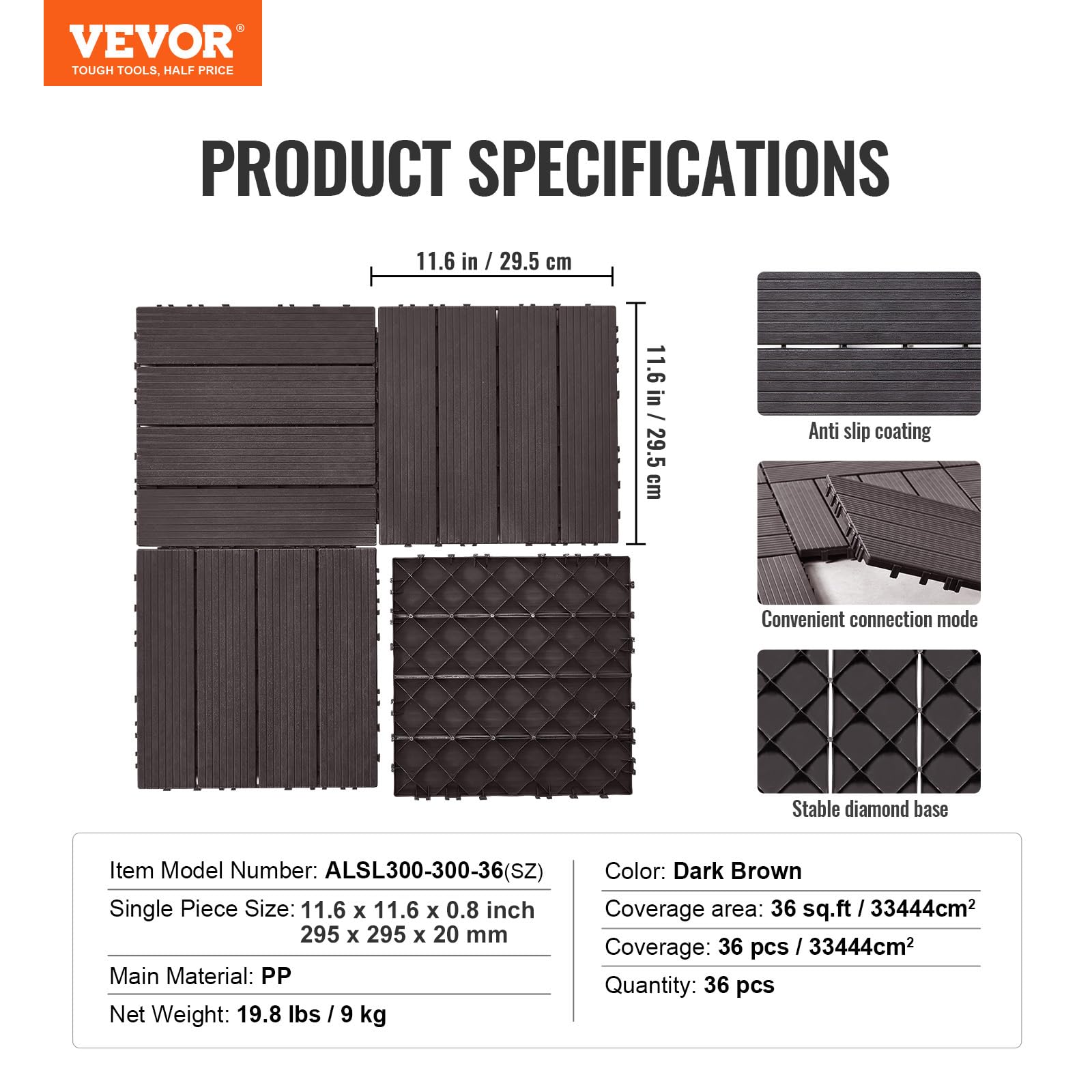 VEVOR Piastrelle per Patio ad Incastro 36 Pezzi 300 x 300 x 20 mm, Piastrelle Impermeabile in Plastica, Piastrelle per Tutte Le Condizioni Atmosferiche, per Portico Piscina Cortile, Marrone Scuro