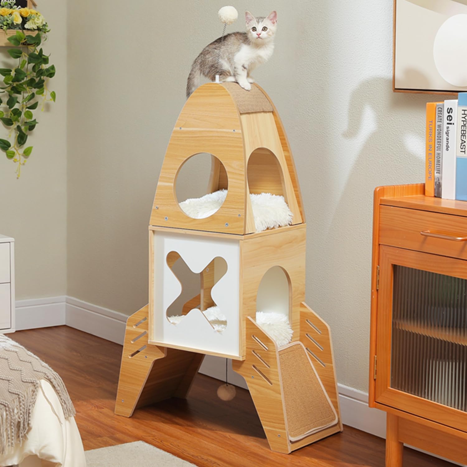 MUTTROS Modern Cat Tree Rocket Ship, Wood Cat Tower for Indoor Cats, 47" Multilevel Wooden Cat Furniture with 2 Condos, Dangling Balls, Sisal