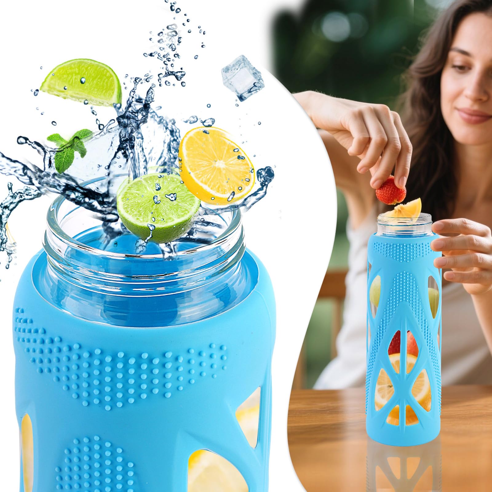 poweco Trinkflasche Glas 700ml [Bruchsicher & Auslaufsicher] - Sportflasche aus Borosilikatglas mit Silikonhülle & Tragegriff - BPA-Frei, Glasflasche für Büro, Yoga & Fitness