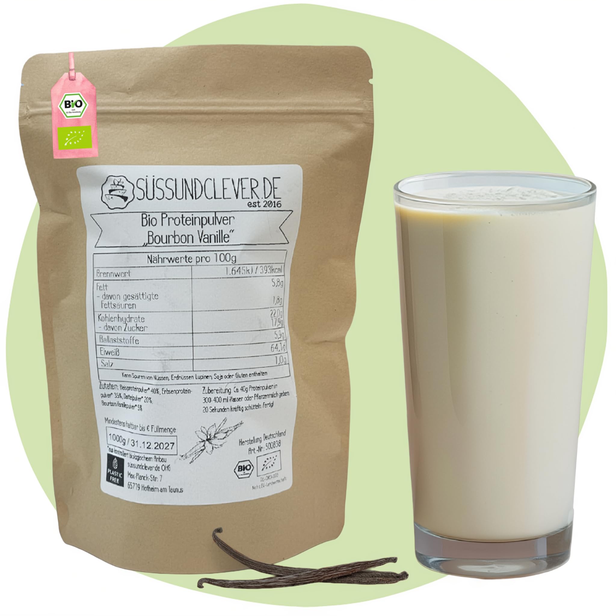 süssundclever.de® Bio Proteinpulver "Bourbon Vanille" | 500g | vegan | 62% Protein | mit Dattelsüße und Bourbon Vanille | mit Reisprotein, Mandelprotein & Erbsenprotein | ohne Zuckerzusatz