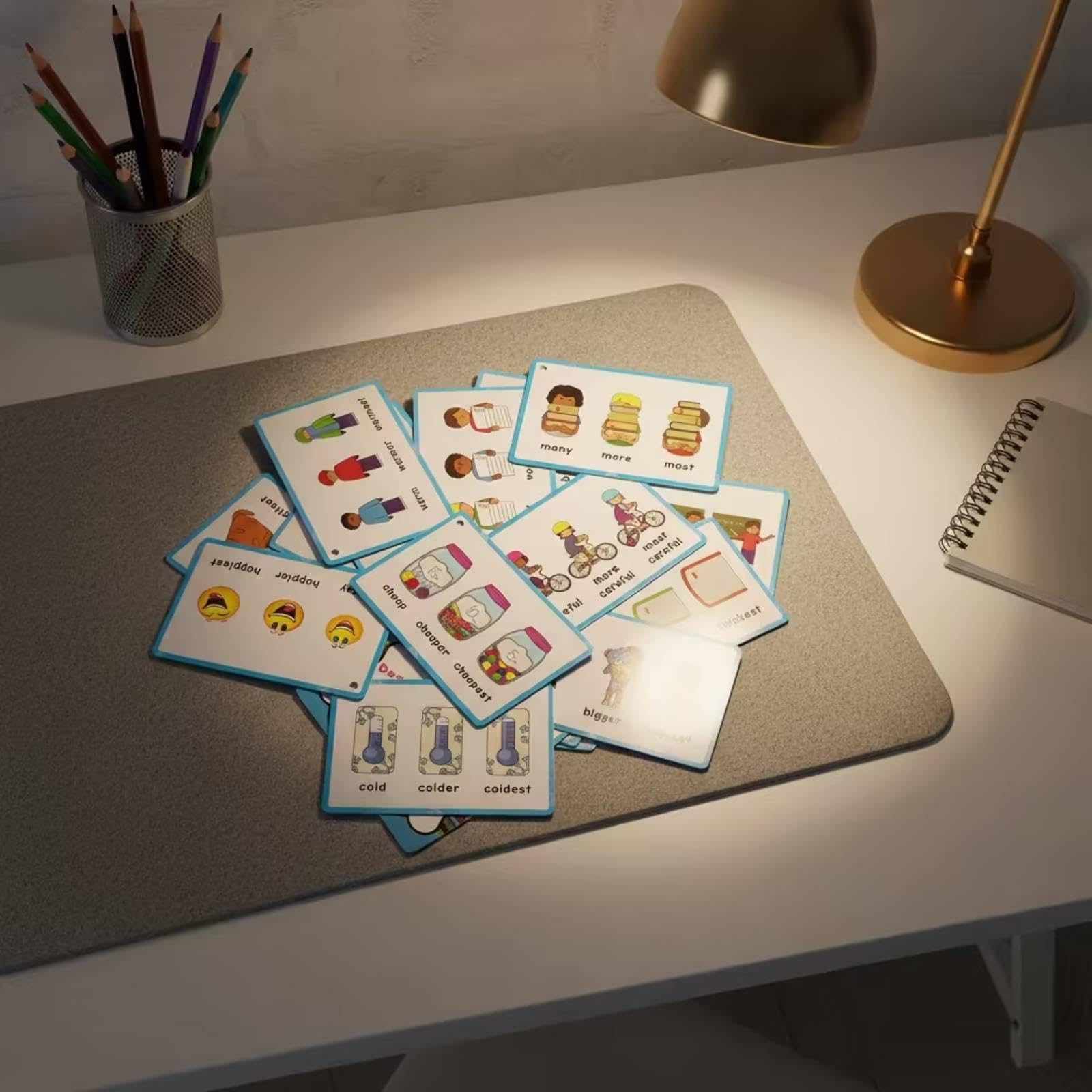 4 Carte Bambini Schede Didattiche Carte Lessico Flashcard Inglese Educative con Angoli Sicuri per Esercizi su Comparativ, 5 Pezzi