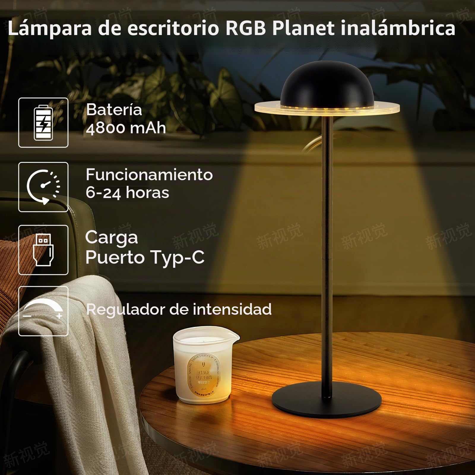 Lámpara de mesa inalámbrica regulable LED con batería
