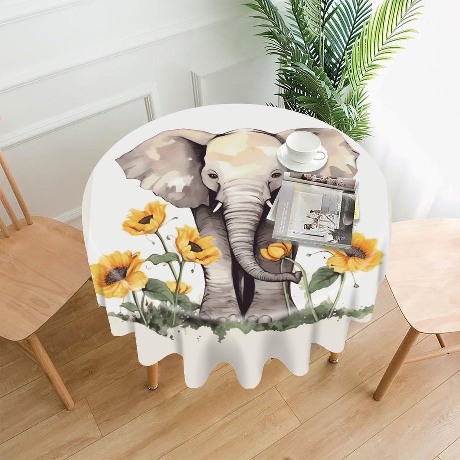 FekiLoot Elephant and Sunflower Round Tablecloth Cover 60 Inch Wrinkle Free Washable Polyester Fabric Table Cover Decorative Round Table Cloth for Home Dining Kitchen Party Farmhouse
