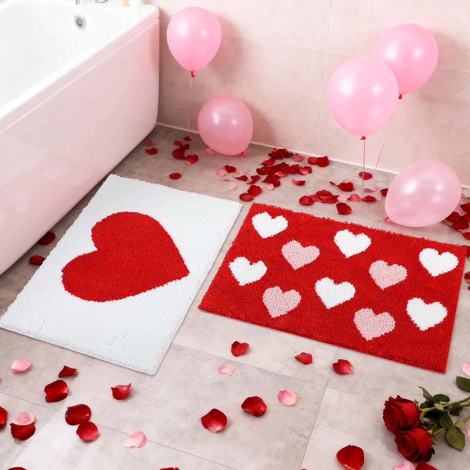 Drydiet Valentines Day Bathroom Rugs Heart Tufted Galentine Day Bathroom Mats Non Slip Absorbent Shower Rug Soft Front Door Mat Washable Bath Decor for Anniversary Home Bedroom, 29.5 x 19.7 Inch