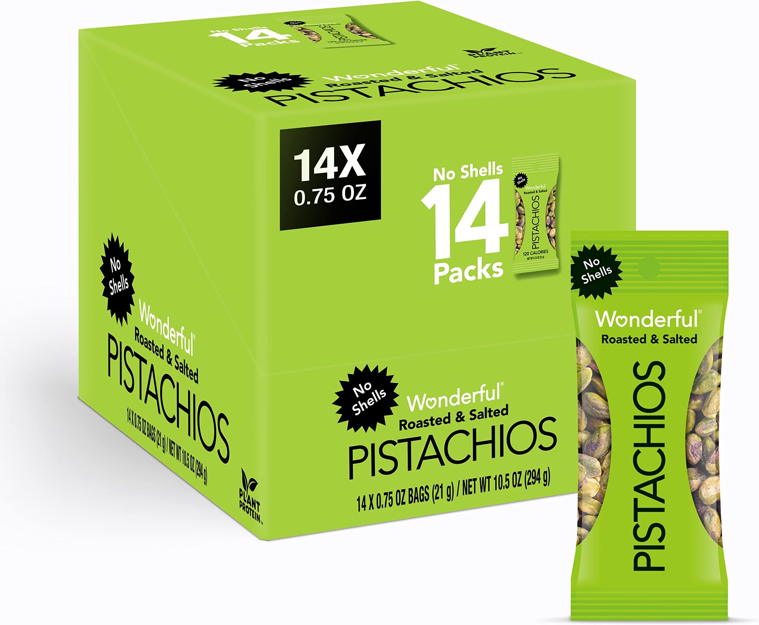 Wonderful Pistachios No Shells, Roasted & Salted Nuts, 0.75 Ounce Bag (Pack of 14), Protein Snacks, Vegan Snacks, On-the-Go, Individual Snacks for Adults