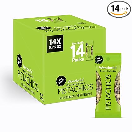 Wonderful Pistachios No Shells, Roasted & Salted Nuts, 0.75 Ounce Bag (Pack of 14), Protein Snacks, Vegan Snacks, On-the-Go, Individual Snacks for Adults, Stocking Stuffers