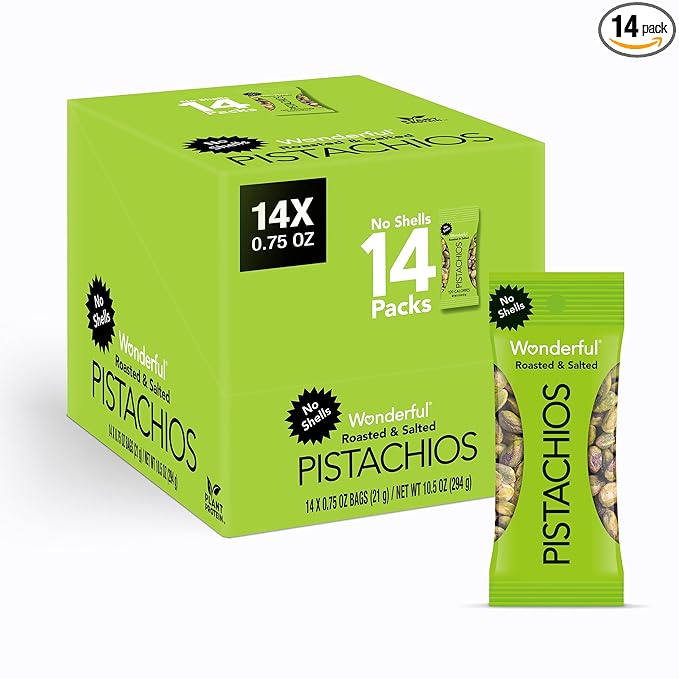 Wonderful Pistachios No Shells, Roasted & Salted Nuts, 0.75 Ounce Bag (Pack of 14), Protein Snacks, Vegan Snacks, On-the-Go, Individual Snacks for Adults, Stocking Stuffers