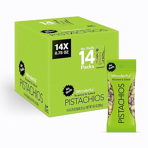 Wonderful Pistachios No Shells, Roasted & Salted Nuts, 0.75 Ounce Bag (Pack of 14), Protein Snacks, Vegan Snacks, On-the-Go, Individual Snacks for Adults - Roasted & Salted - 0.75 Ounce (Pack of 14)
