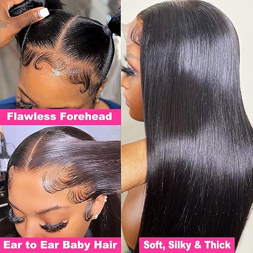 Miniatura 5 de PERISMODA Pelucas de cabello humano lacio con encaje frontal de 32 pulgadas, densidad 180 de 13 x 4, pelucas de cabello humano con encaje frontal HD