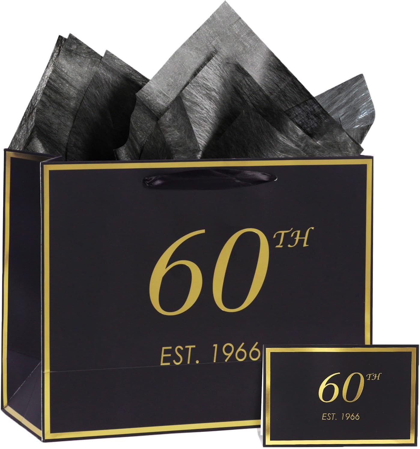 momoake 60th Birthday Gift Bag with Card and Tissue Paper for Men Women Him, 1966 60 Year Old 13" Elegant Black Gold Anniversary Keepsake Party Present Shopping Paper Bags for Gifts Wrapping