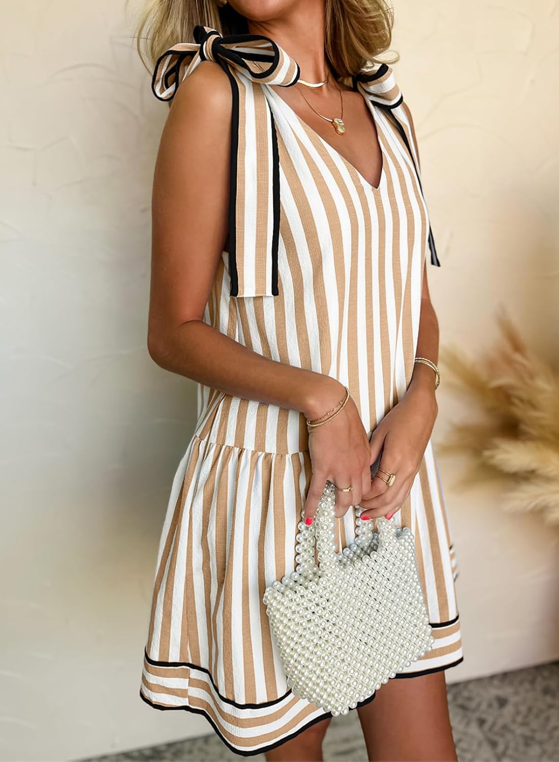 Acelitt Womens Summer Sleeveless Striped Dresses Casual Loose V Neck Flowy Ruffle Babydoll Dress Beach Vacation Sundress - Image 4