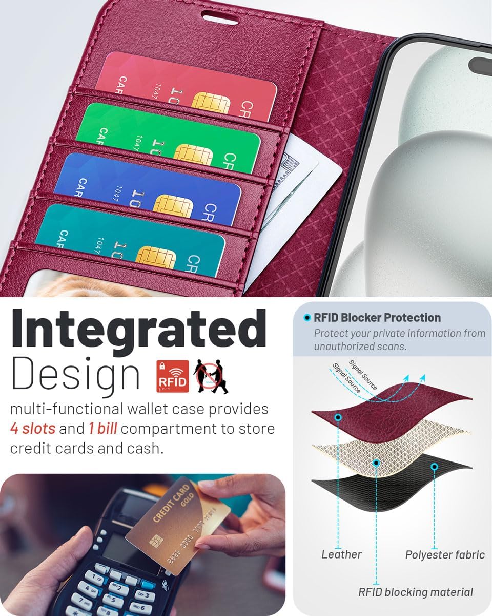 OCASE Compatible with iPhone 17 Pro Max Wallet Case, PU Leather Flip Folio Case with Card Holders RFID Blocking Kickstand [Shockproof TPU Inner Shell] Phone Cover 6.9 Inch 2025, Burgundy - Image 3