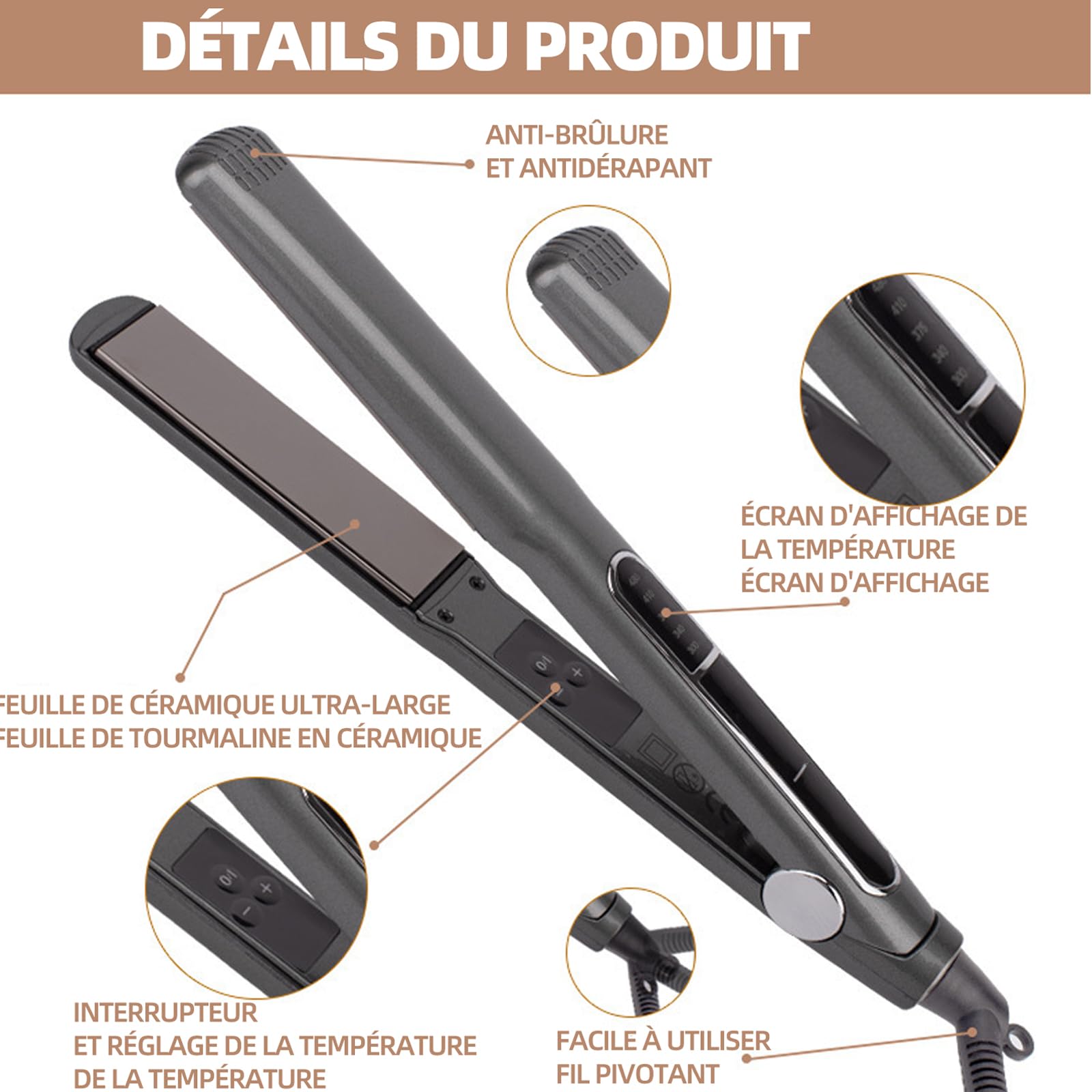 Lisseur Cheveux 2-en-1 143W 480 Fahrenheit plaque serrage à chauffage rapide fer à boucler pelucheux lisseur coiffure portable