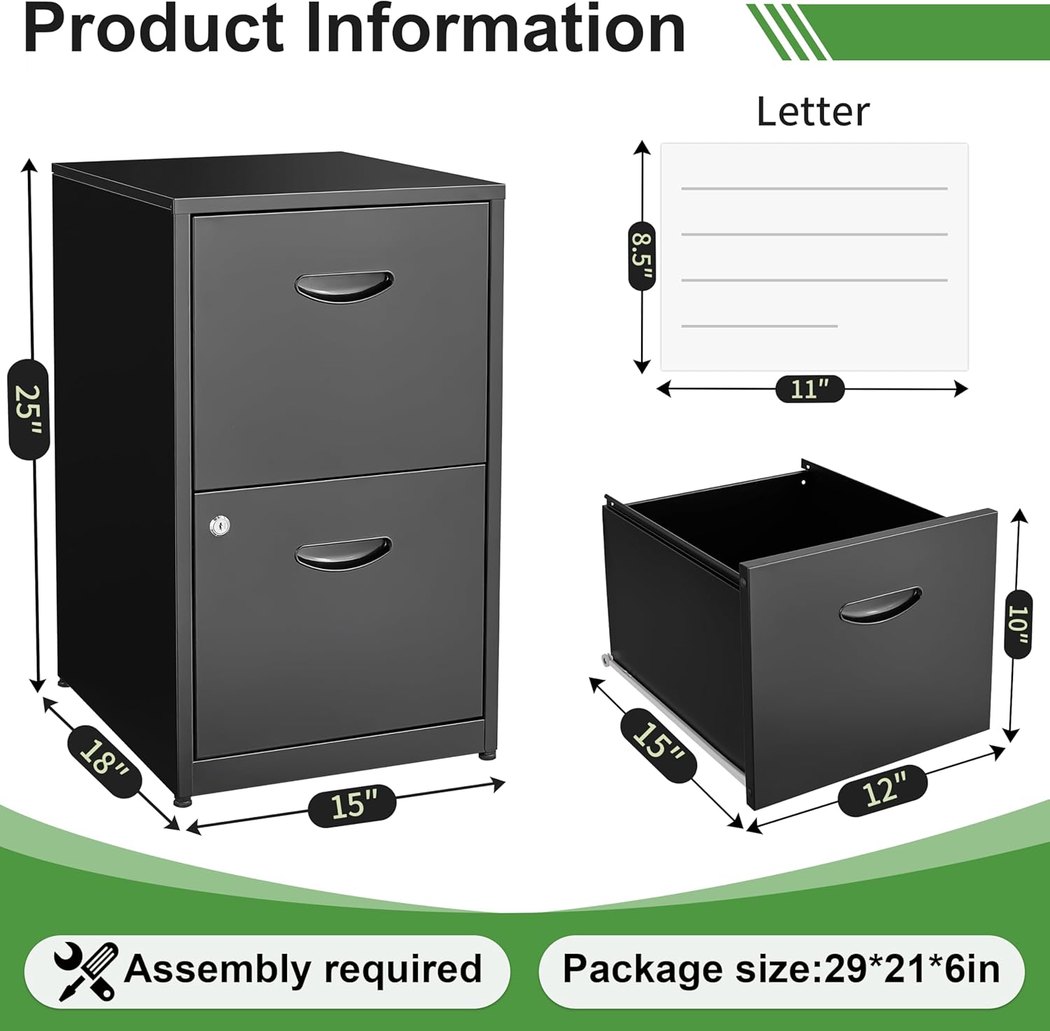 2 Drawer File Cabinet with Lock,Black Small Filing Cabinet for Home Office, Metal Vertical File Under Desk Cabinets for A4/Letter,Assembly Required