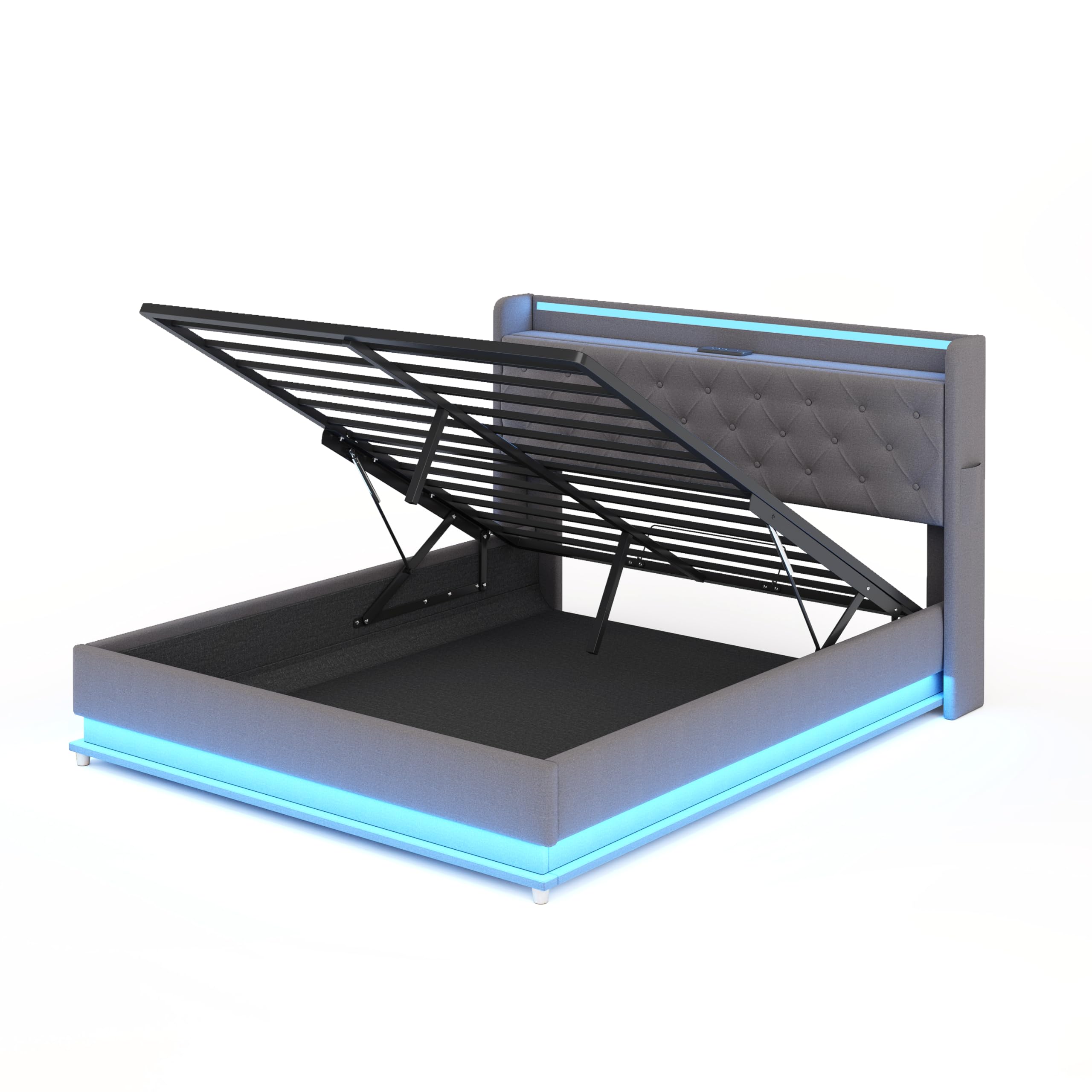 Cama Matrimonio 160x200 cm, Cama Tapizada con USB y Iluminación LED, Estructura Cama Doble con Almacenaje Hidráulica, Camas Matrimoniales con Láminas de Metálicas, Lino, Gris, Sin Colchón