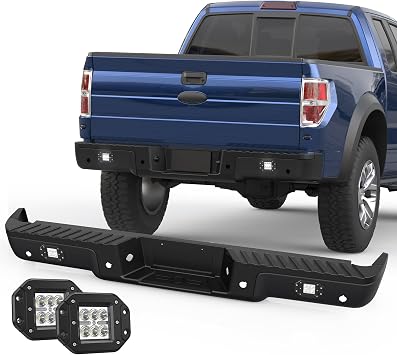 KUIPERAUTO Black Rear Step Bumper Compatible for Ford F-150 F150 F 150 2009-2014 Pickup with 2x LED Square Light Steel Back Bumpers Assembly -with Parking Sensor Holes