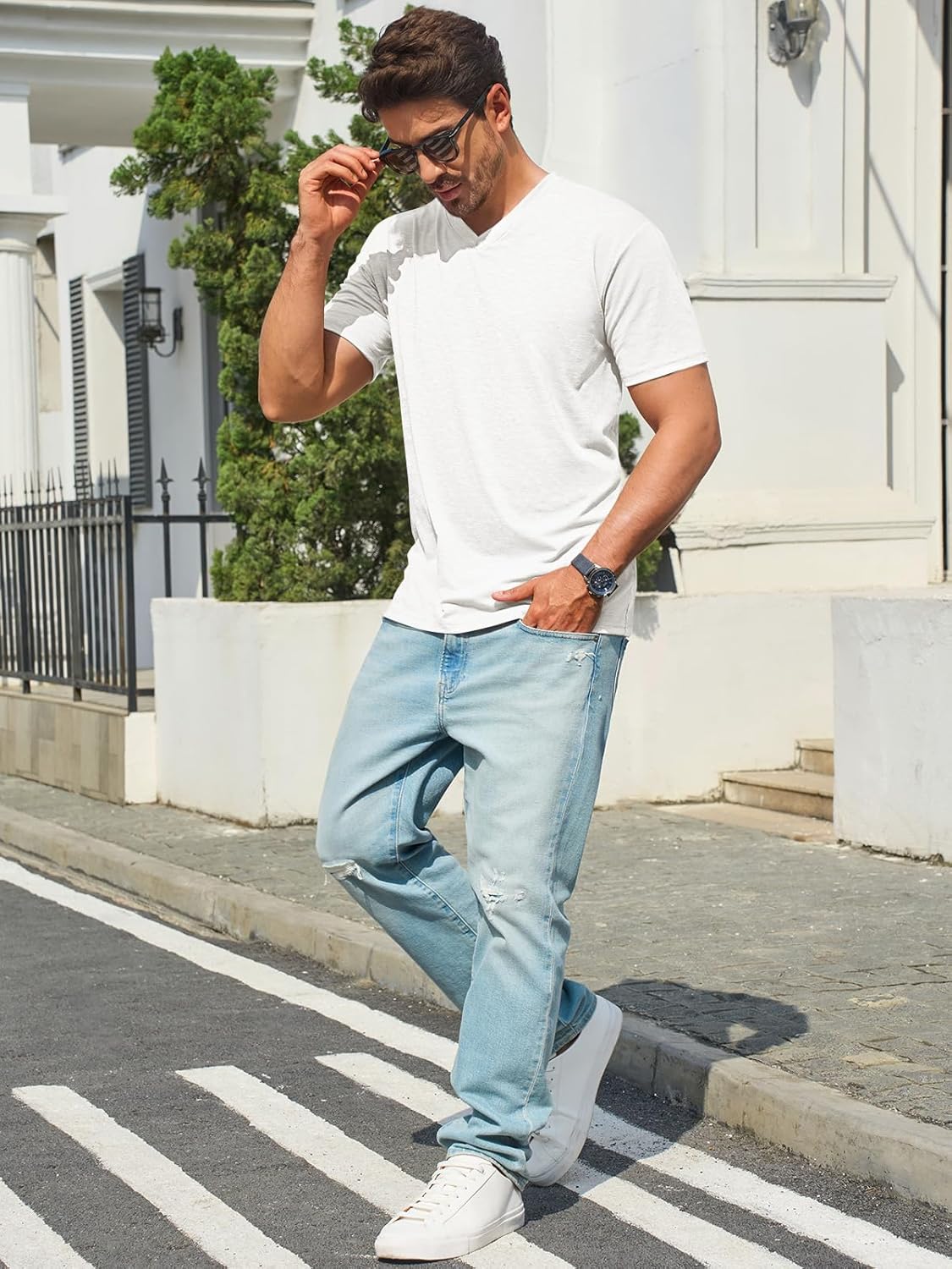 Runcati Mens T-Shirts Short Sleeve V Neck Casual Classic Shirt Summer Stretchy Regular Fit Lightweight Tees - Image 4