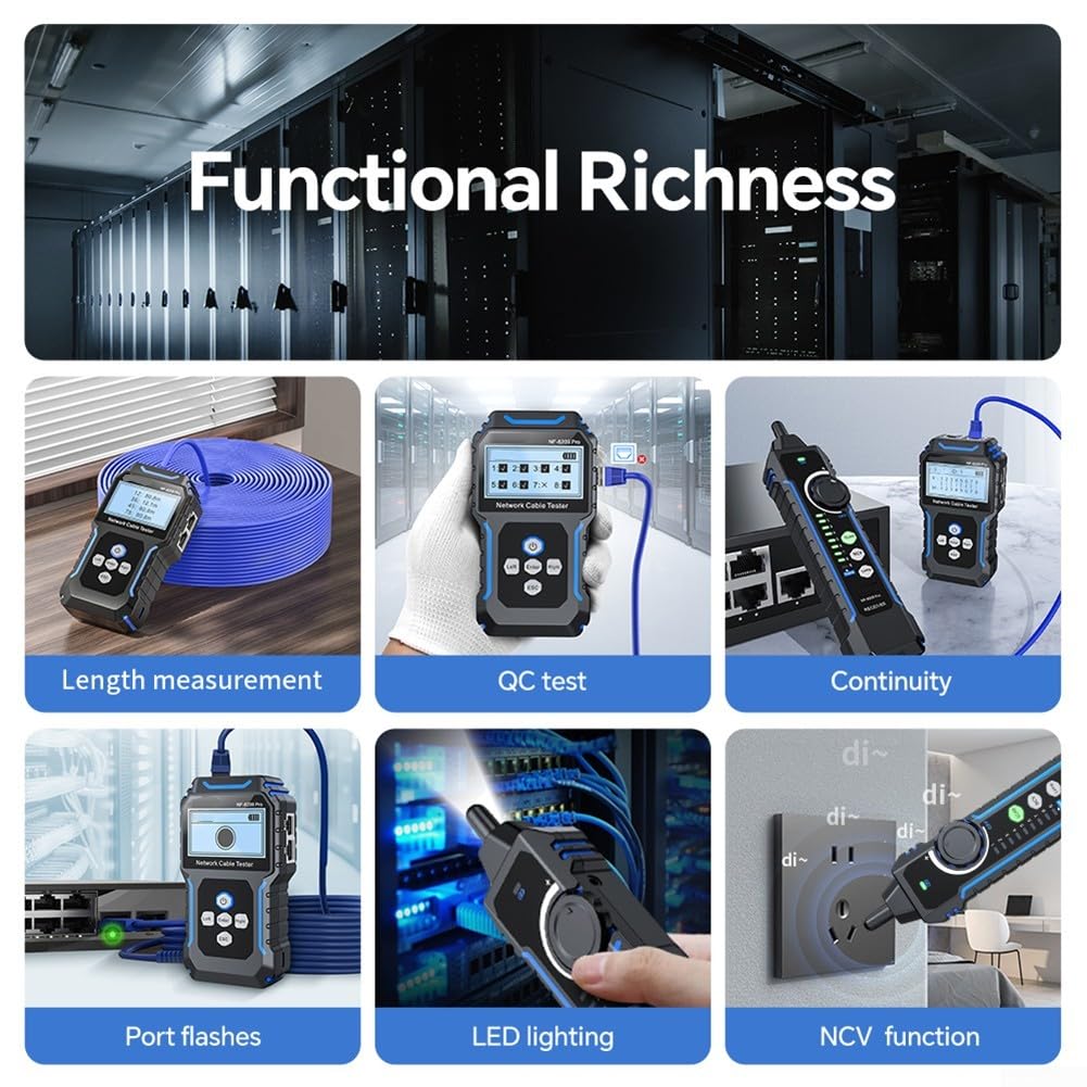 NF-8209Pro Netzwerkkabeltester mit für poe Erkennung und Längentest für LAN Ethernet Kabel - Digitaler Leitungssucher bis 200m mit NCV Funktion und LCD Display für Techniker
