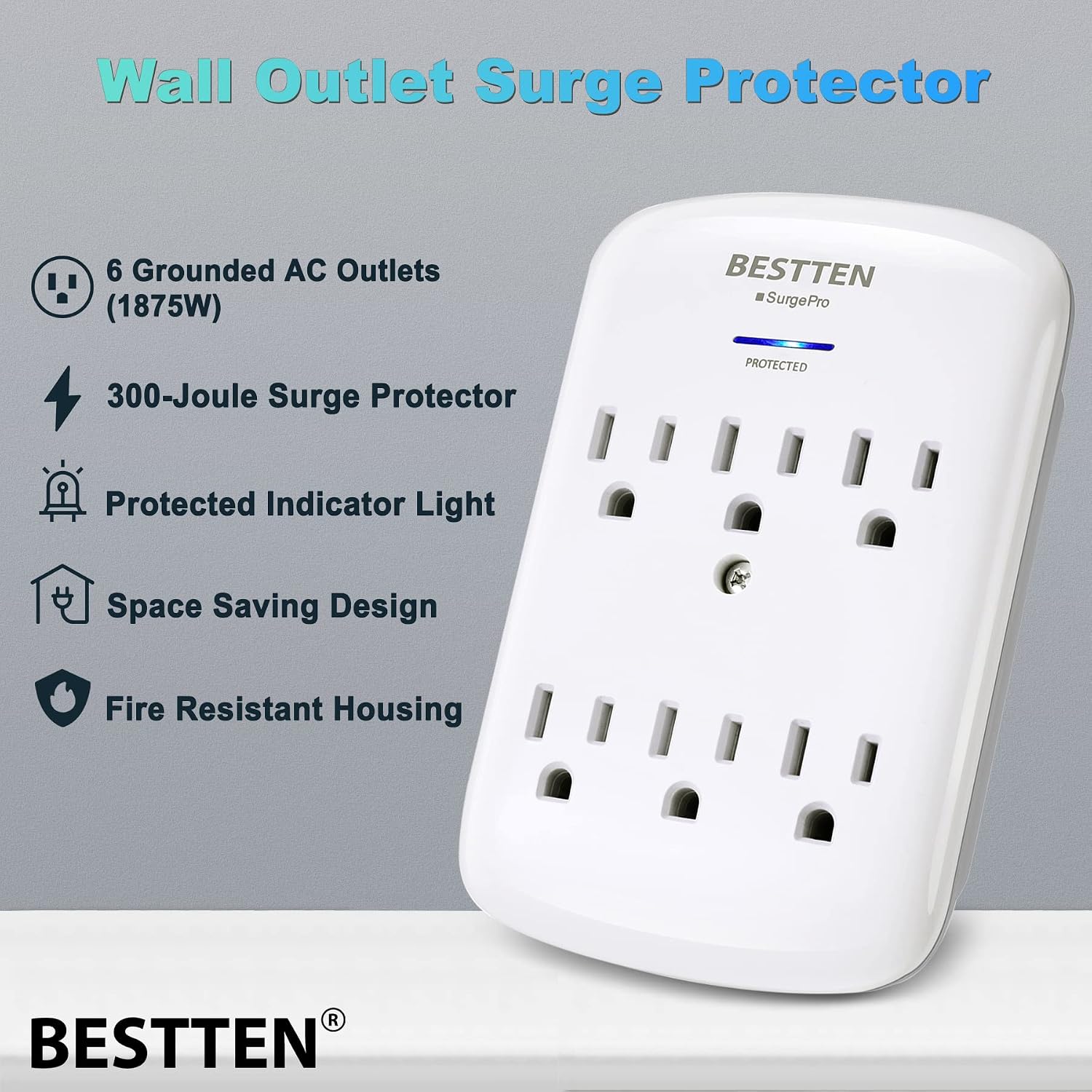 [4 Pack] BESTTEN 6 Outlet Wall Mount Surge Protector with Blue LED Indicator, 15A/125V/1875W, ETL Listed, White