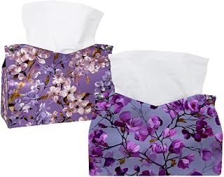 Paquete de 2 fundas para caja de pañuelos de piel con diseño floral de color lila para tocador, baño, decoración
