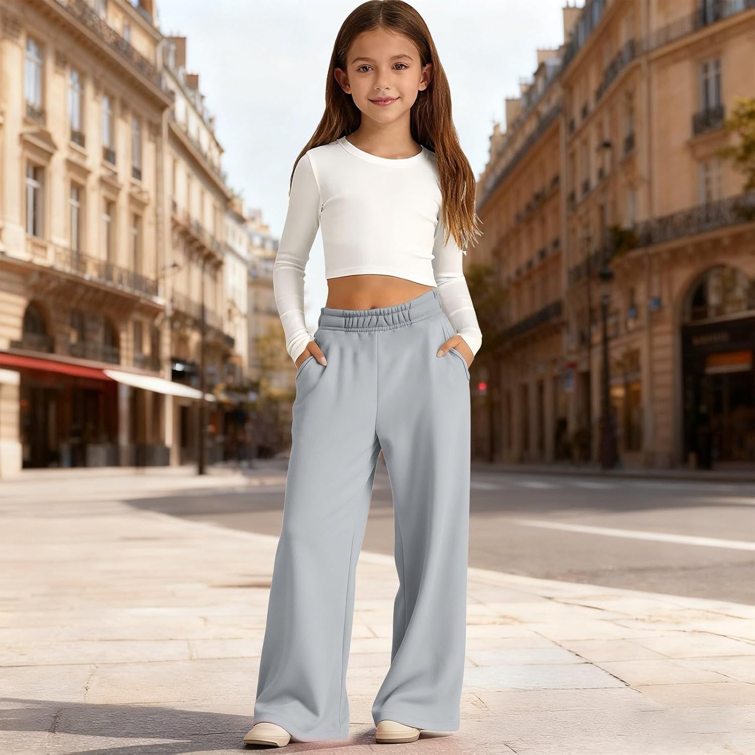 Girls Oversized Wide Leg Sweatpants Kids Baggy Sweat Pants for Girls Drawstring Waist Straight Leg Joggers with Pockets - Image 3