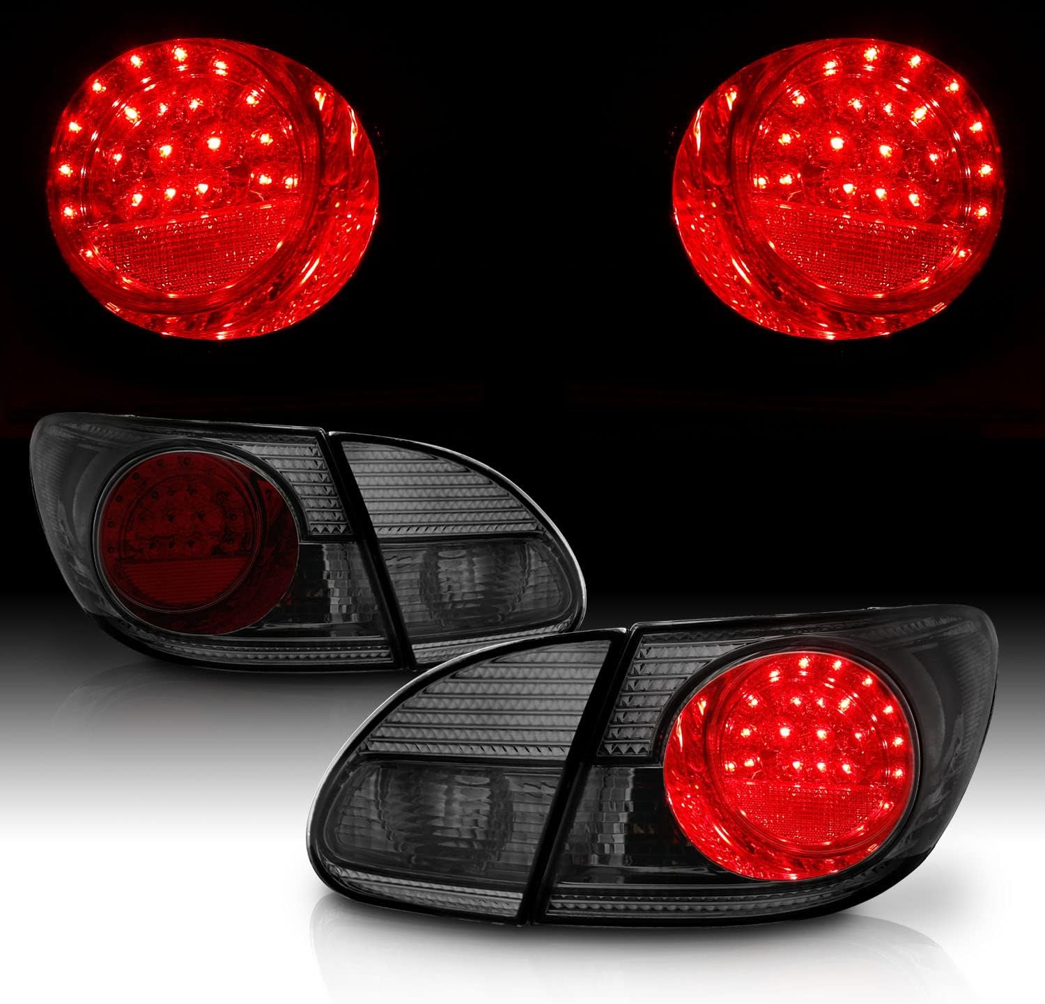 AmeriLite Smoke LED Tail Light Pair 4 Pcs Set for Toyota Corolla - Driver and Passenger Side