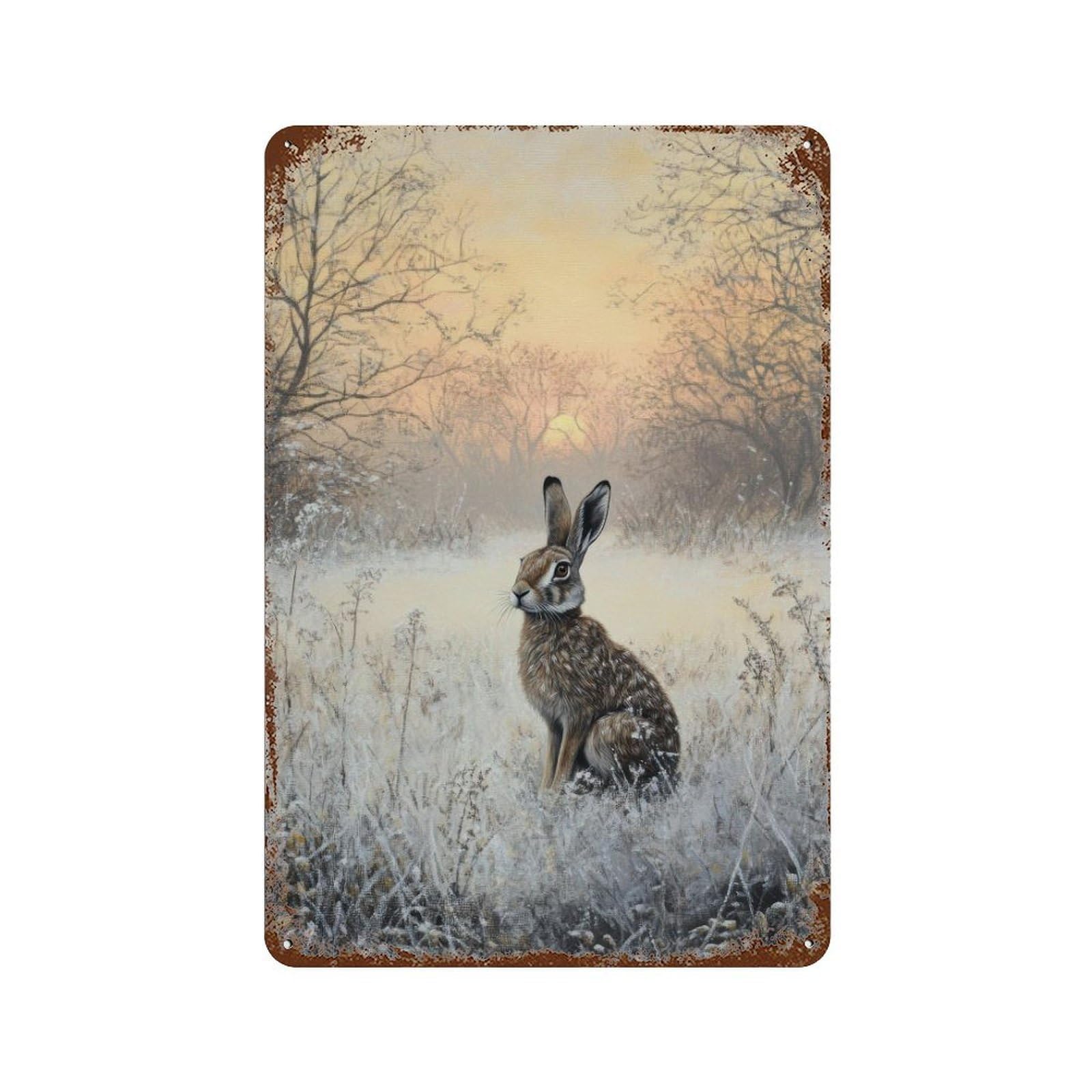 Hare in Frosty Meadow at Dawn Cottagecore Decor Dark Academia Enchanted Winter Illustration Vintage Nature Wall Decor Art Metal Tin Poster Modern Home Decor Art Home Bar Shop Decorations Vintage Sign