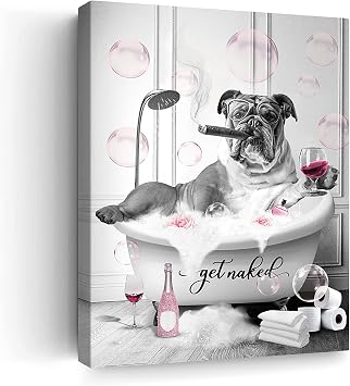 Funny Dog Bathroom Wall Art Black and White Animals Bulldog Wall Decor Dog in Bathtub Bathing Canvas Prints Framed Artwork Pink Bubbles Pug Bathroom Decor Wall Art for Restroom 12"x16"