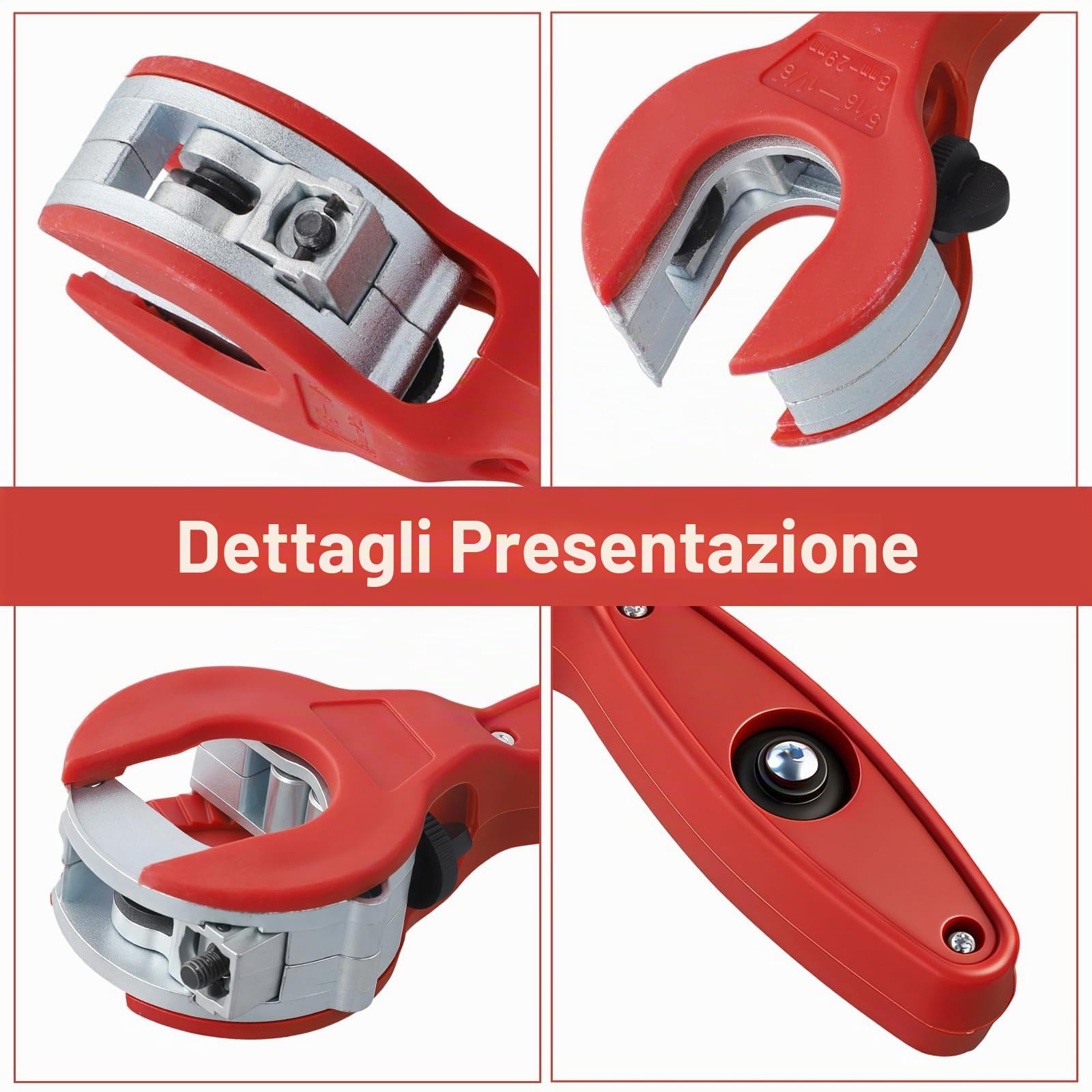 Tagliatubi a cricchetto per tubi 8-29 mm, acciaio inossidabile, rame, alluminio, rosso