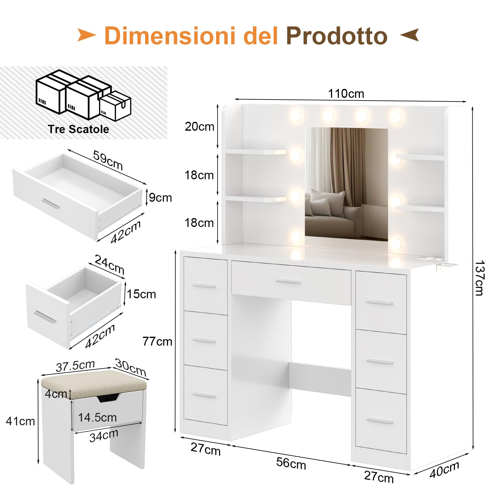 Devoko Toeletta Trucco con Luci e Prese,Postazione Trucco con Specchio e Sgabello,Tavolo da Trucco con 7 Cassetti, 4 Ripiani Aperti,Camera da letto,Moderno (Set Bianco)