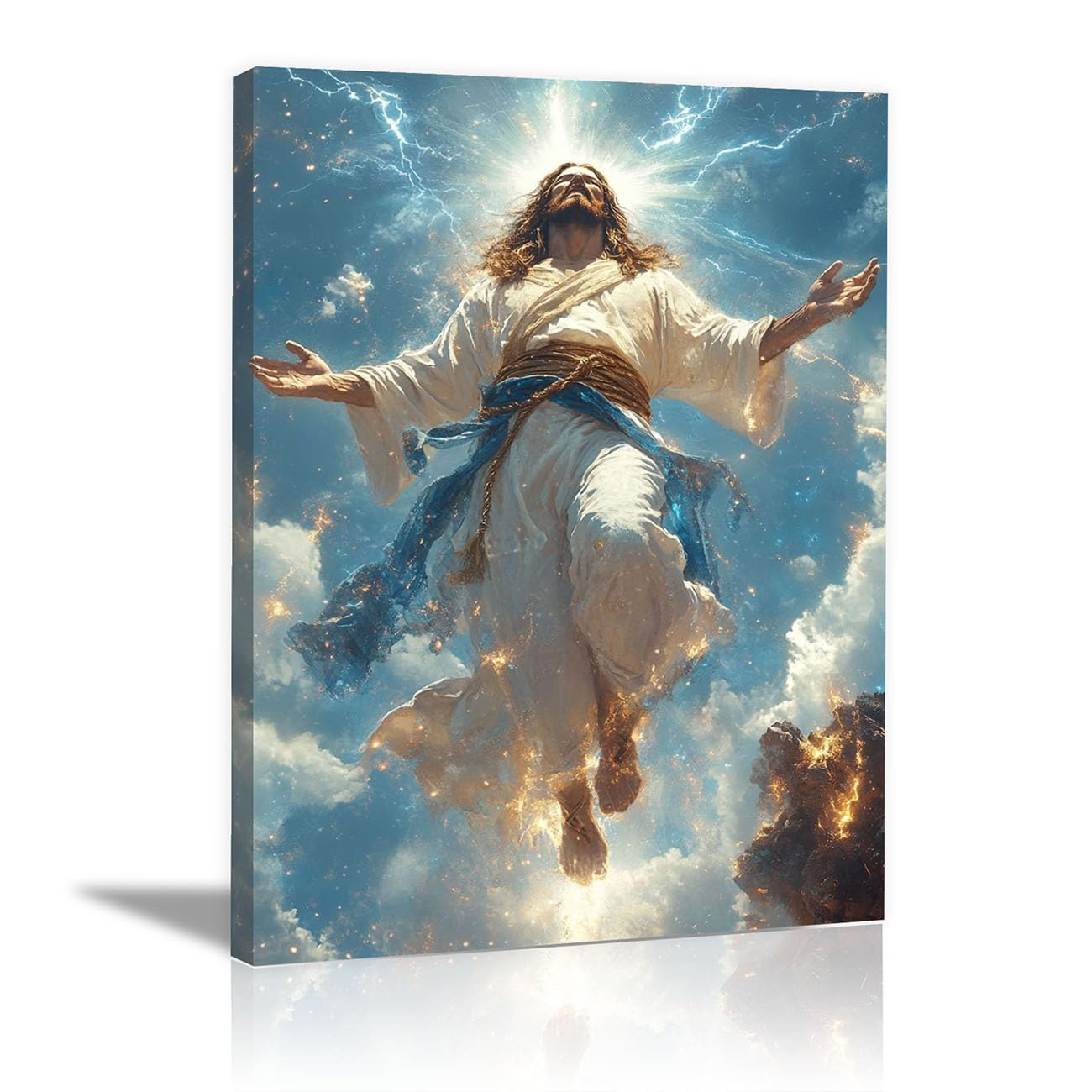 QUSAAOU Jesus Canvas Wall Art Sacred Heart Jesus Praying Christian Religious Prints Painting for Bedroom Living Room Bedroom Hallway Home Decoration(cerulean)-70x100cm Framed