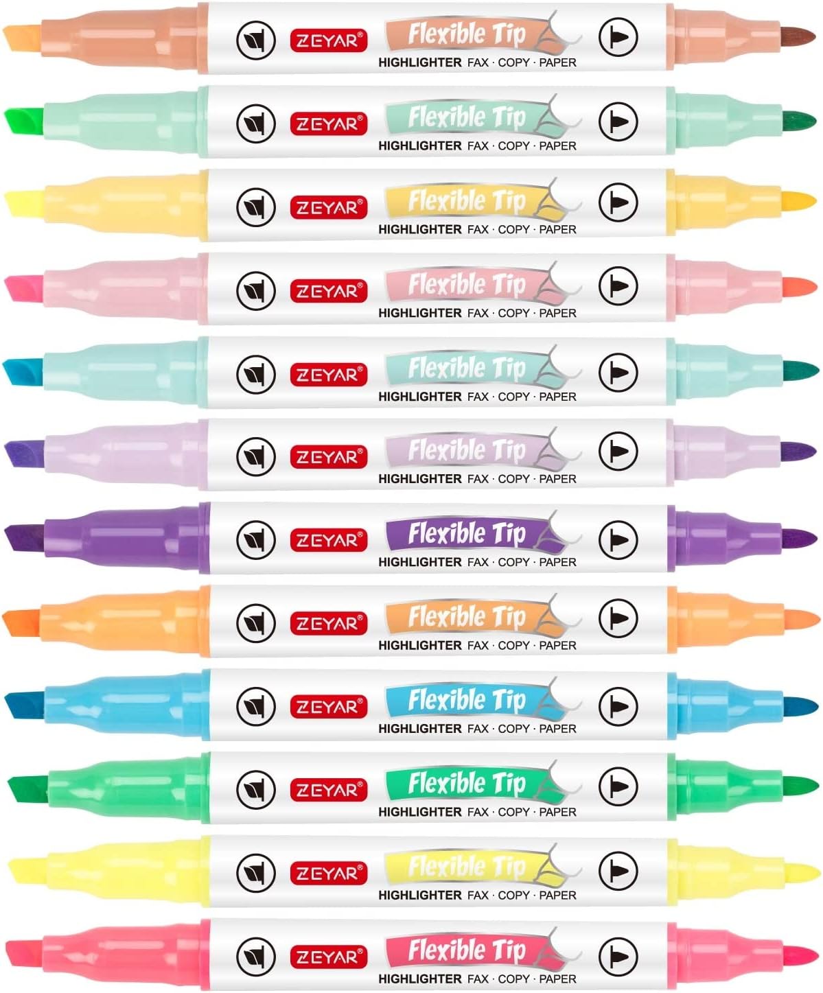 ZEYAR Flexible Tip Highlighter, Dual Tips Marker Pen, Chisel and Fine Tips, Flexible Tip and Soft Touch, Water Based, Assorted Colors, Quick Dry (12 Colors)