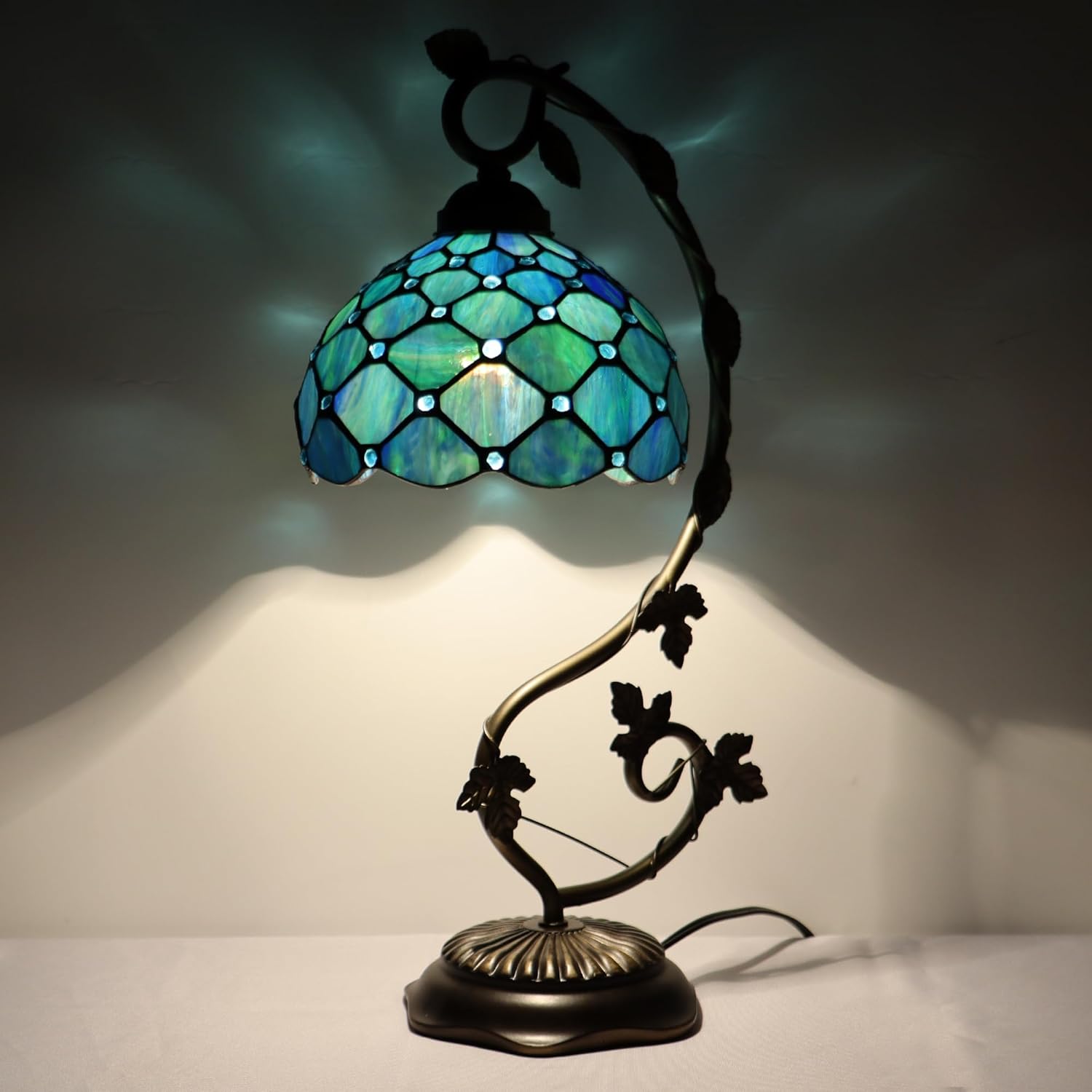 Tiffany Table Lamp, Stained Glass Desk Light, 8X10X21 Inches, Metal Leaf Base (Sea Blue Pearl Style)