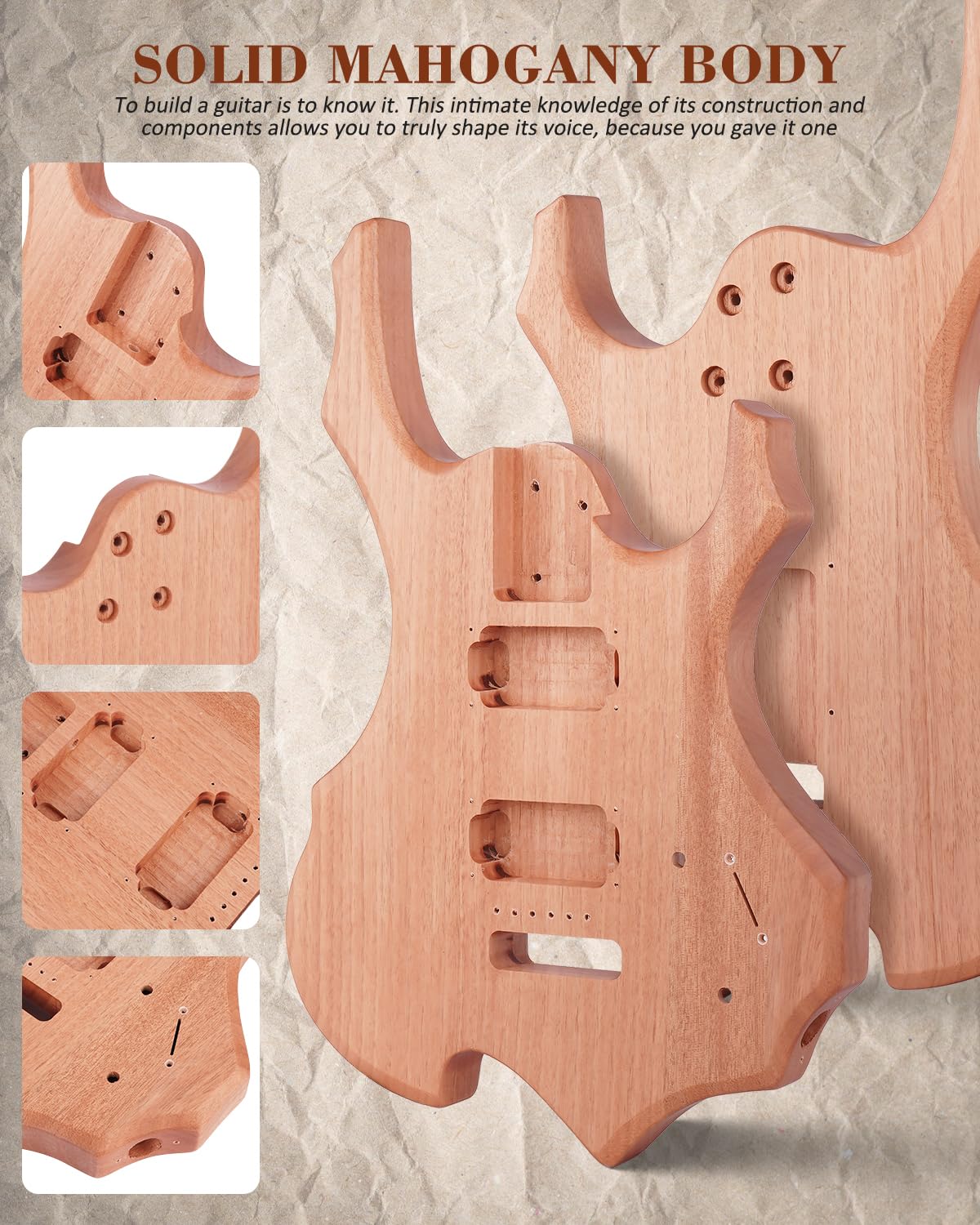 STRICH SFR-D30 Kit de guitare électrique à monter soi-même, corps supérieur flammé brut, configuration de micro HH